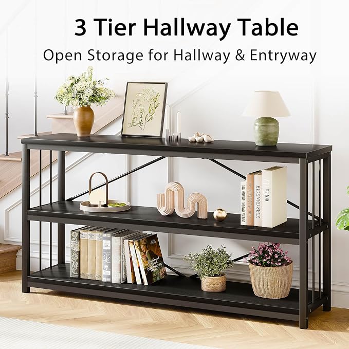 LVB Black Entryway Table, Modern Extra Long Sofa Console Table, Metal Wood - Image 7