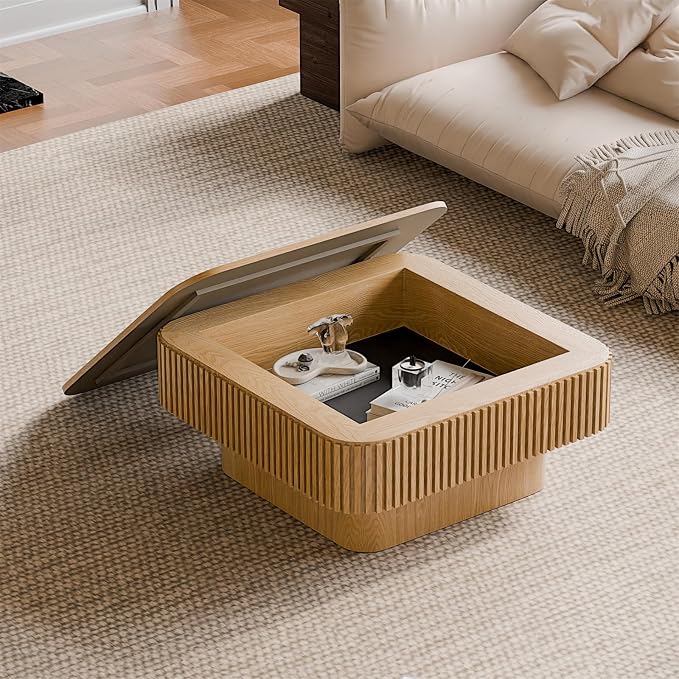 Square Coffee Table for Living Room, Fluted Drum Accent Tea Center Table - Image 6