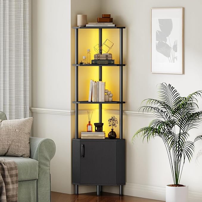 HOOBRO Corner Cabinet with LED Light, Corner Shelf Stand with Storage and Doors - Image 3