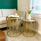 Homebeez Gold Nesting Tables Set of 2, Glam Leaf Design Round End Table - Image 4