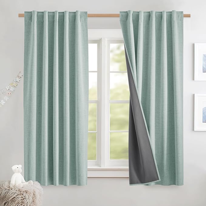 NICETOWN Seafoam Green Thick Linen Blend 100% Blackout Curtains - Image 2