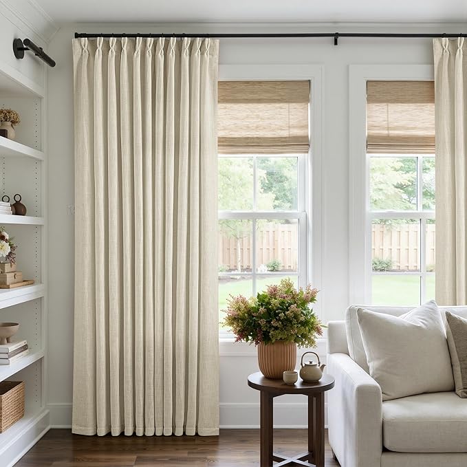 Pinch Pleated Extra Wide Beige Linen Curtain 84 Inches Long 70 Wide 1 Panel | by Twodrapes