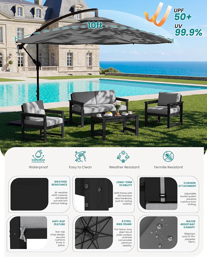 SERWALL 4 Pieces HDPE Outdoor Sofa Set - Image 4