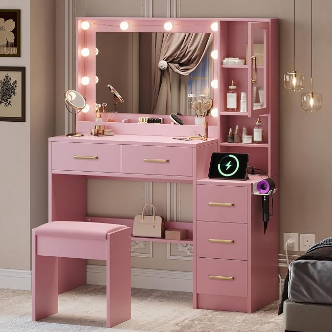 Makeup Vanity with Lights & Charging Station, Vanity Desk with Mirror & Lights by TOKSOM