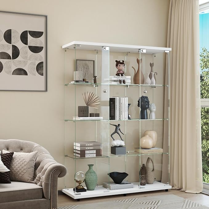 Display Cabinet with Glass Door and Lock, 4-Shelf Curio Cabinets with 5mm by glassdisplaycabinet