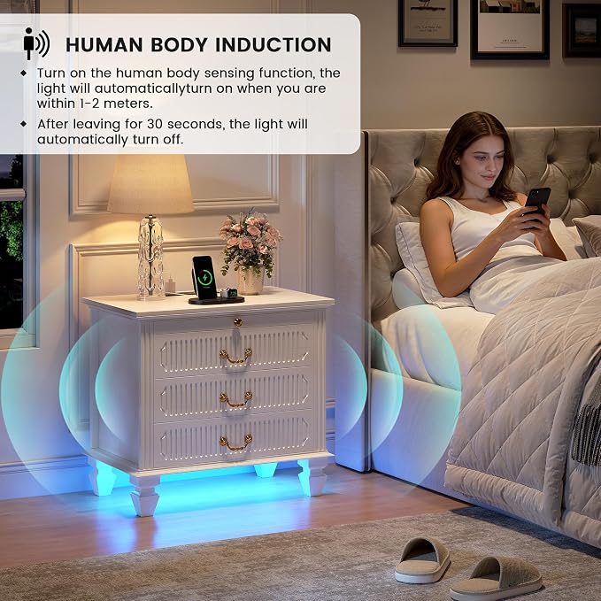 25.6'' Wide Bedside Table with 3 Drawers & Pull-out Tray, Smart Night Stand - Image 4