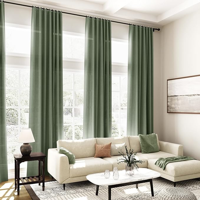 Olive Green Light Filtering Curtains Shourt Linen Sheer Drapes - Image 7
