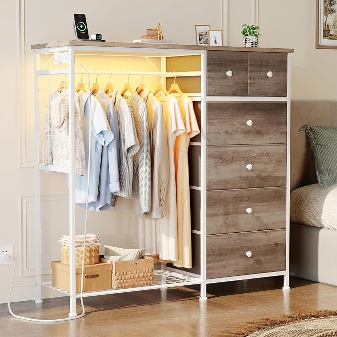 DUMOS Dresser for Bedroom with Hanging Rack, 6 Drawer Fabric Dresser with - Image 2