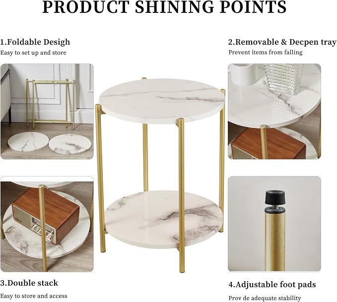 Gawicpy 2 Tier Round Side Table, Folding End Tables Coffee Table Simplistic - Image 4