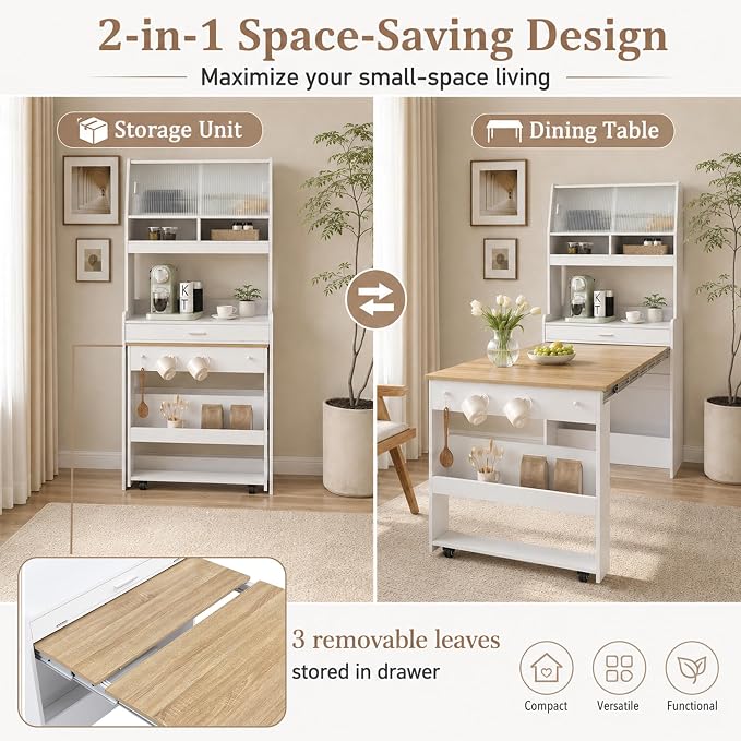 Kitchen Storage Cabinet with Hutch and Extendable Dining Table, 33.5" - Image 2