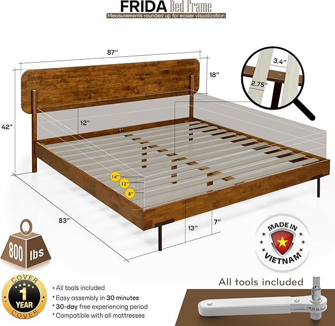Acacia Frida King Size Bed Frame and Headboard Solid Wood Platform Bed - Image 2