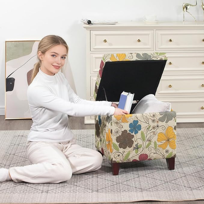 Adeco 18 Inch High Cube Ottoman Storage, Floral Printed Linen Chair Foot Stools - Image 5