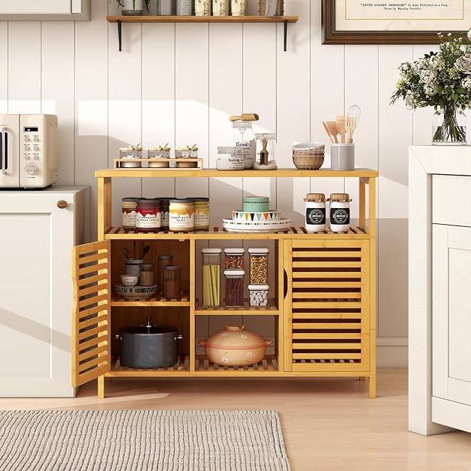 Giantex Bamboo Bathroom Storage Cabinet, 2-Door Storage Organizer - Image 8