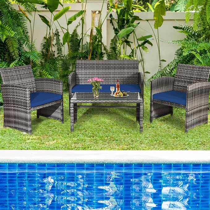Tangkula 4 PCS Wicker Patio Conversation Set, Outdoor Rattan Sofas - Image 4