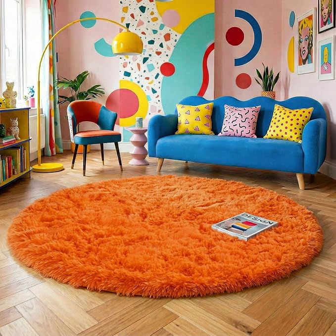 Amdrebio Orange Round Shag Kids Rug 4Ft by Amdrebio