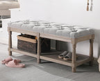 Farmhouse Storage Bench Wooden Entryway Upholstered Tufted Ottoman Bench - Image 3