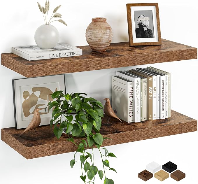 Fun Memories Floating Shelves for Wall, 24 Inch Set of 2 Rustic Wood Wall by FunMemories