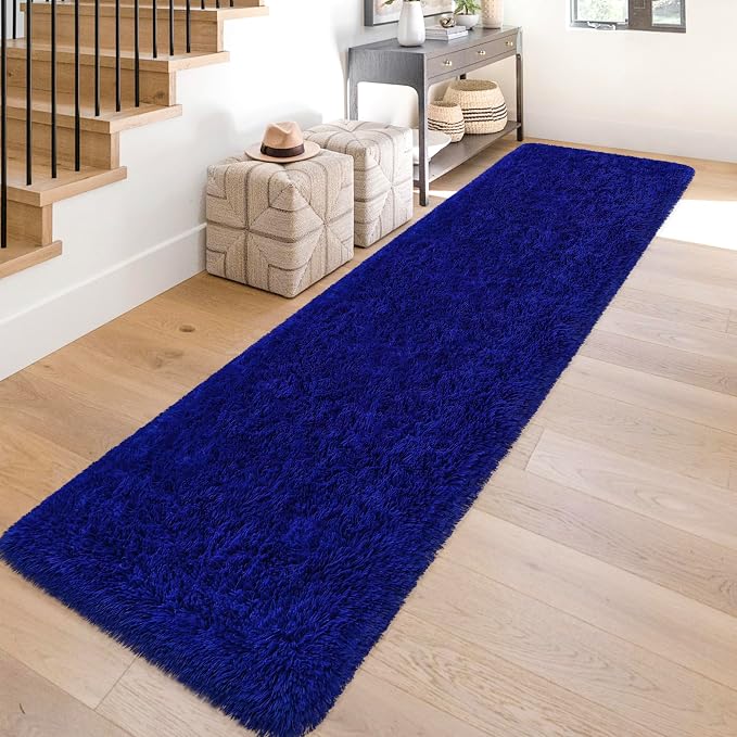 2x10 Bedside Area Rugs for Bedroom Soft Fluffy Shag Navy Blue Rug for Hallway - Image 3