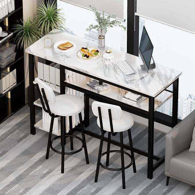 AWQM 3-Piece Bar Table and Chairs Set, Modern White Faux Marble Table - Image 4