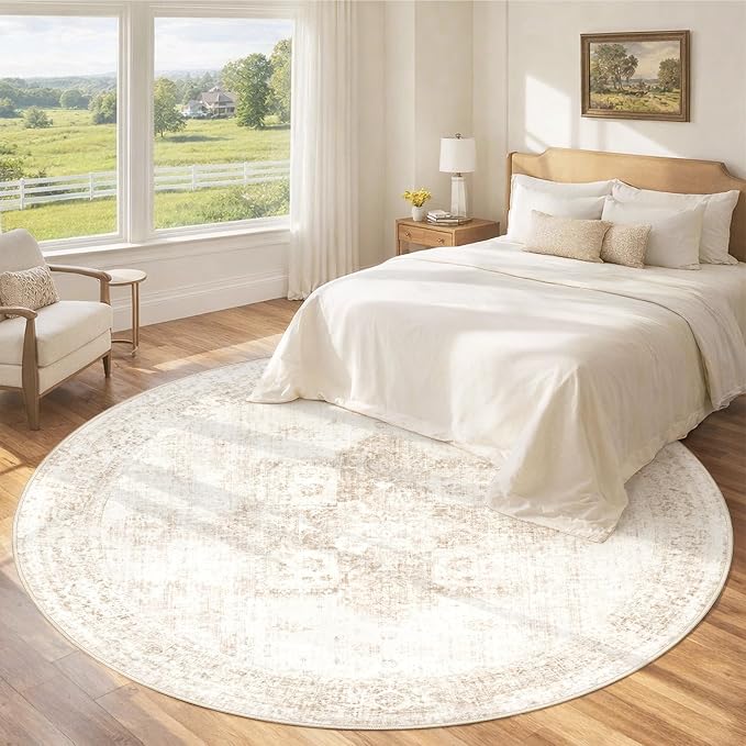Round Rugs 6ft Washable Rug, Vintage Boho Medallion Rugs Non-Slip Soft Low Pile - Image 3