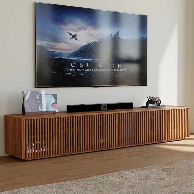 POVISON Full Assembled Mid Century Modern TV Stand, Wood Slatted Media Console by POVISON