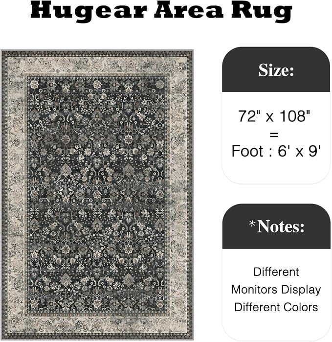 6x9 Black Beige Vintage Floral Washable Area Rug - Image 2