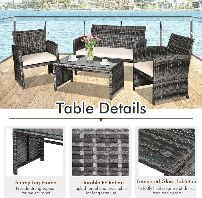 Goplus 4-Piece Rattan Patio Furniture Set, Outdoor Wicker Conversation Sofa - Image 3