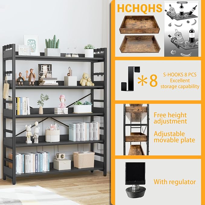 HCHQHS 5 Tier Bookshelf, Adjustable Industrial Bookcase, Vertical Tall Book - Image 5