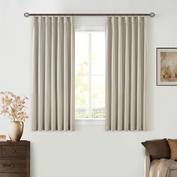 Oatmeal Beige Pleated Black Out Linen 45 Inch Curtains - Image 7