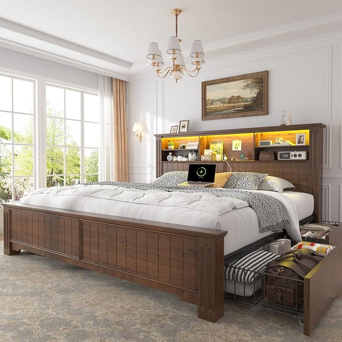 EnHomee King Size Bed Frame and Headboard & Storage, 4 Drawers and LED Built in by EnHomee