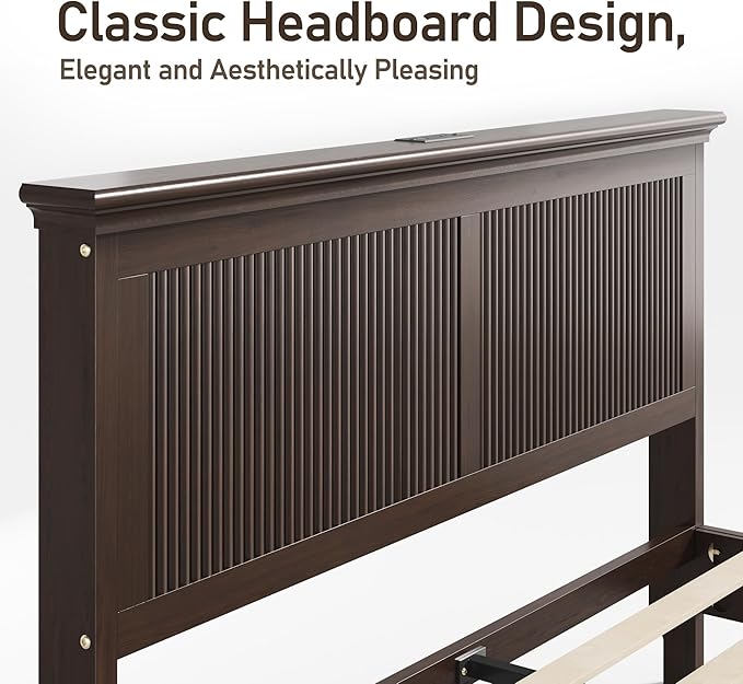 Lifezone Queen Bed Frame with Headboard, Solid Wood Bed Frame Queen Size with - Image 7
