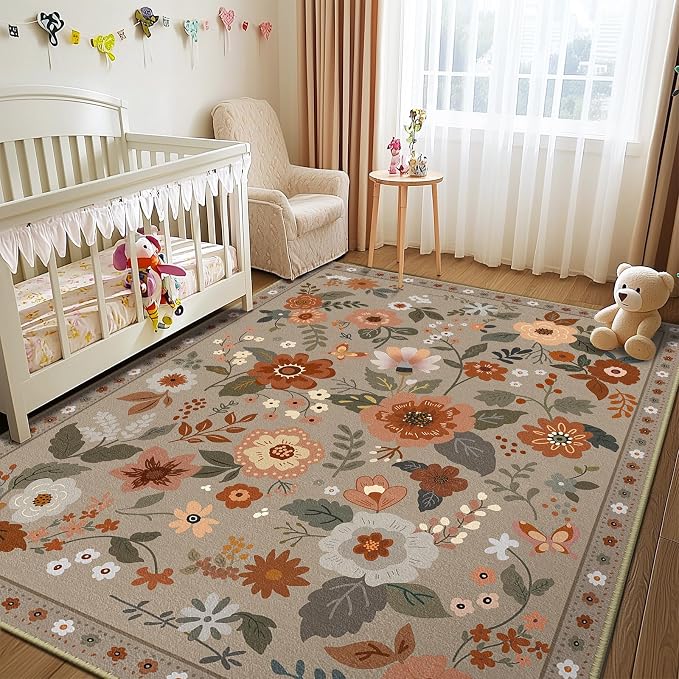 RELEANY Floral Washable 5x7 Area Rugs Brown/Brick | Flower Carpet Print Boho - Image 3