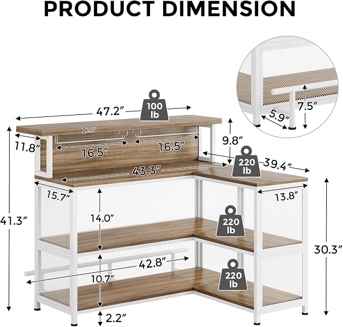 L-Shaped Home Bar Unit with Wine Glasses Holder and LED Light, Modern Bar Table - Image 2