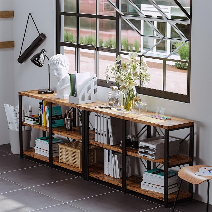 IRONCK Bookshelf Double Wide 47 in 3-Tier, Industrial Bookcases, Wood and Metal - Image 3