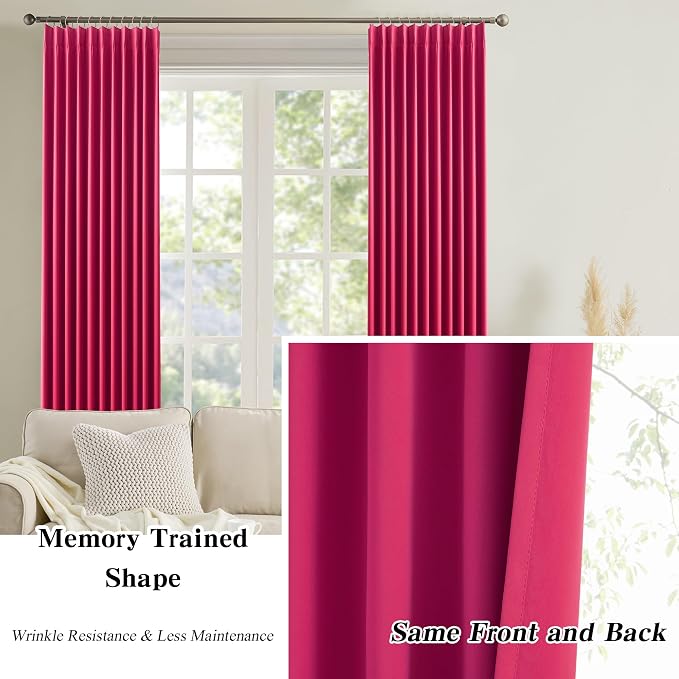Pinch Pleated Hot Pink Blackout Curtains 63 Inches Long, Sound & Light Reducing - Image 6