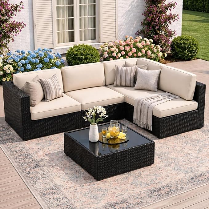 JAMFLY 5-Piece Patio Furniture Set, All-Weather Wicker Outdoor Sectional Sofa by JAMFLY
