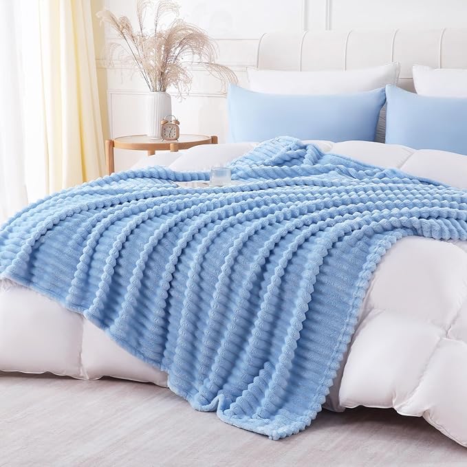 Light Blue Throw Blanket for Couch Sofa 108x90 inches Striped Design | Fleece by Unknown