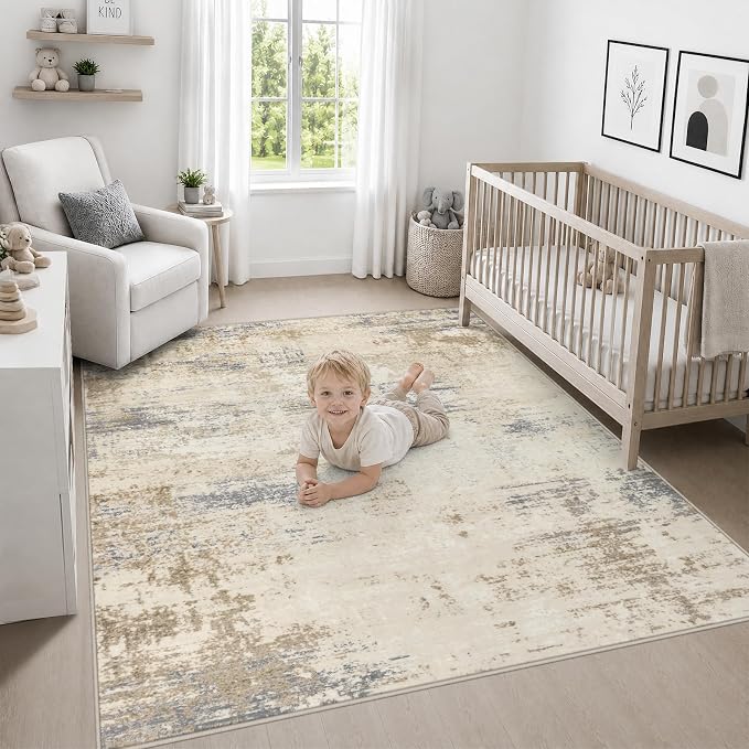Area Rug Living Room: 4x4 Modern Washable Soft Carpet Beige Brown | - Image 5