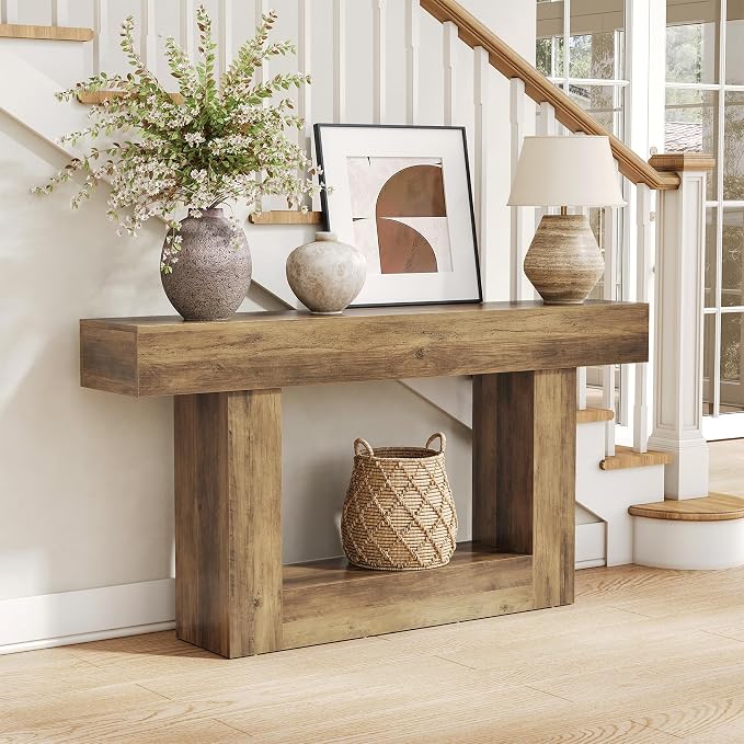 LITTLE TREE 63 Inches Long Console Table, 2-Tier Farmhouse Sofa Table Behind by LITTLETREE