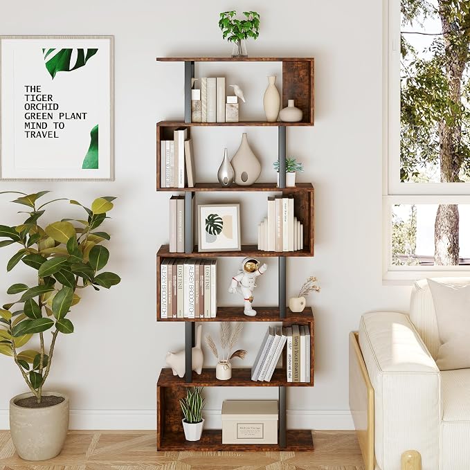 Yusong Geometric Bookcase, S Shaped Bookshelf 6-Tier Book Shelves - Image 2