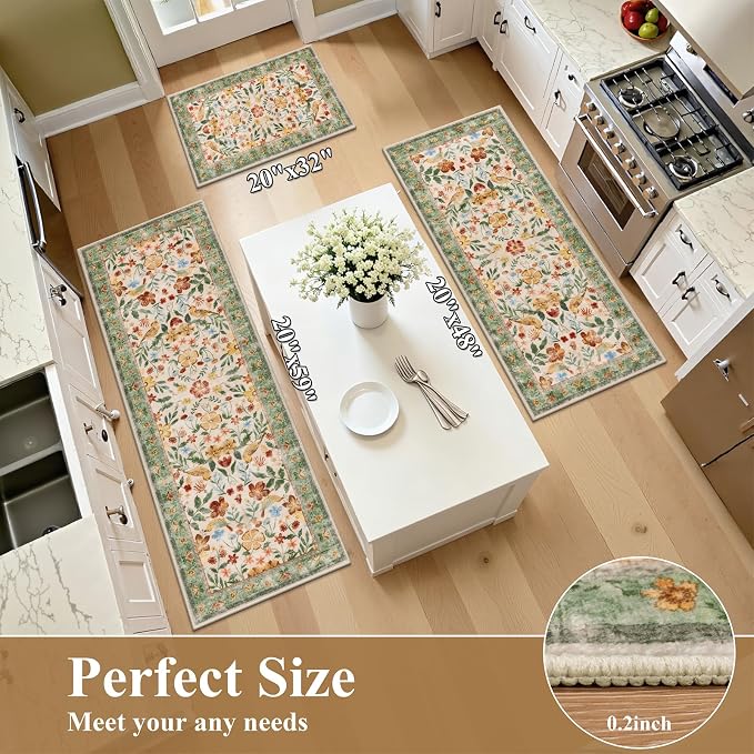 HEBE Boho Kitchen Rugs Set of 3, Non Slip Washable Kitchen Mats - Image 2
