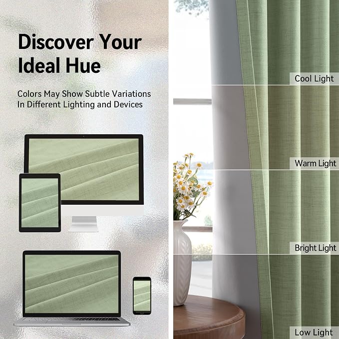 100% Blackout Linen Textured Curtains 90 Inch Long, Sage Green | 100% Blackout - Image 7