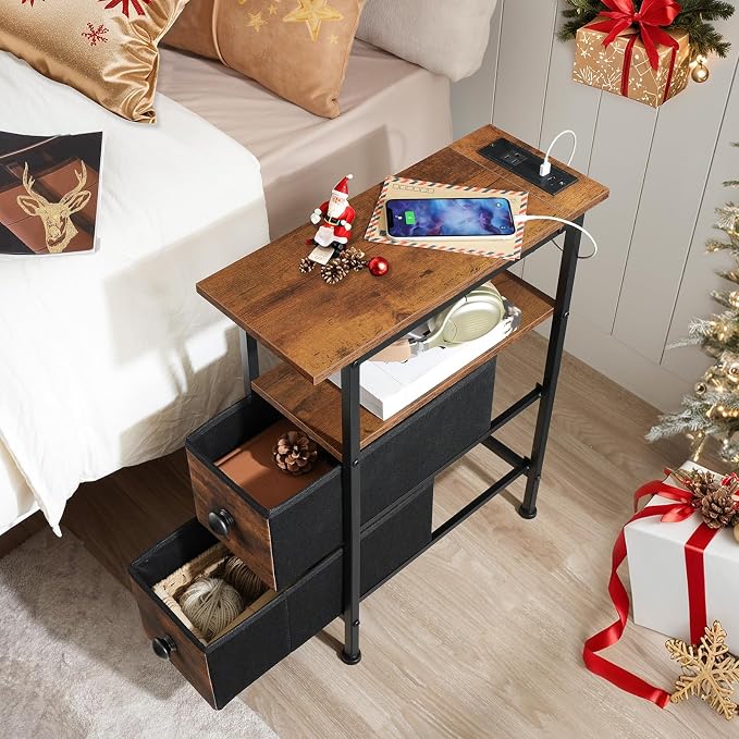 HOOBRO End Table with Charging Station, Narrow Side Table with 2 Fabric Drawers - Image 2