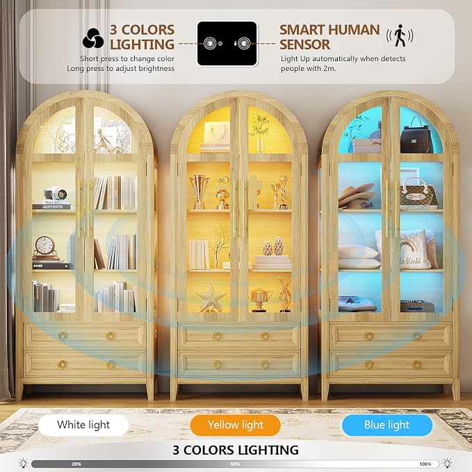 Arched Curio Cabinet with Glass Doors, 4-Tier Display Cabinet with 2 Drawers - Image 4