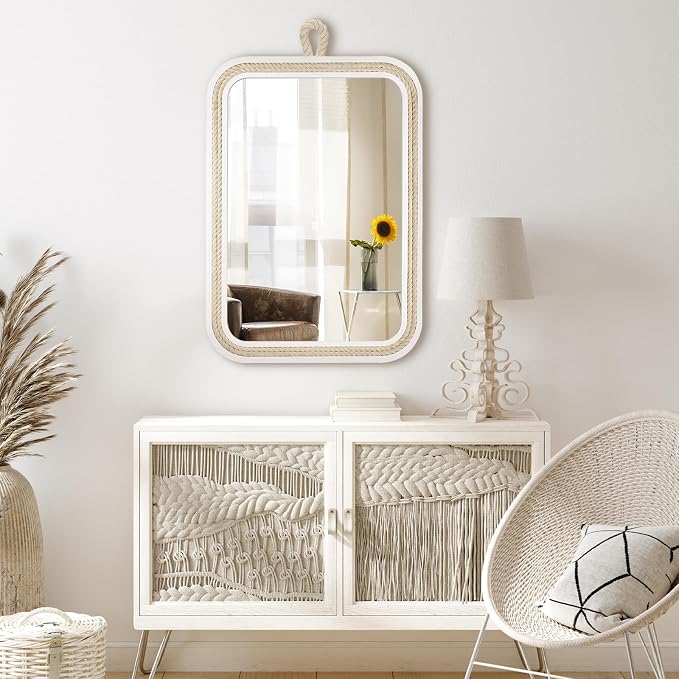 Nautical Rope Mirror Rectangle Wooden 22''Lx16''W White Decorative Mirror - Image 6