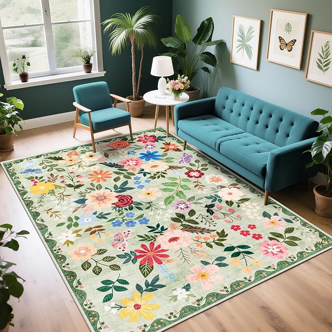 PLHXFR 6x9 Area Rug Living Room: Floral Washable Boho Soft Carpet Green | by PLHXFRSoftAreaRugs