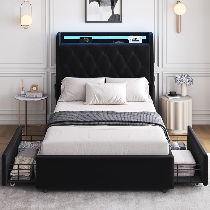 Twin LED Velvet Bed Frame with 2 Storage Drawers&Hidden Headboard, Upholstered - Image 9