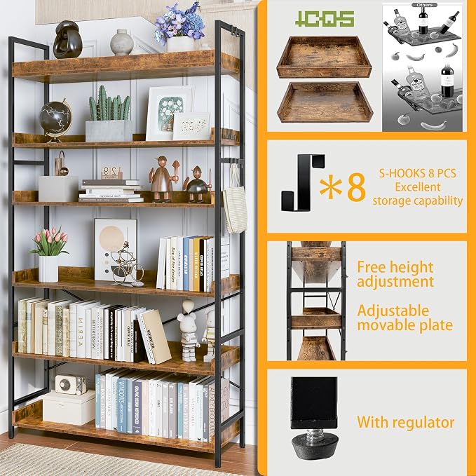 HCHQHS Bookshelf, Adjustable Industrial Bookcase, Vertical Tall Book Shelf - Image 5