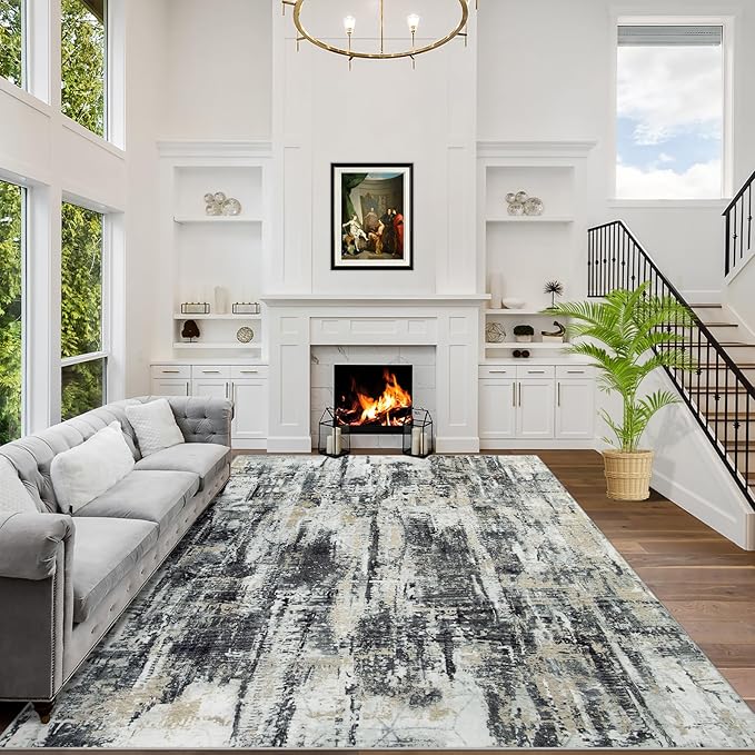 8x10 Area Rugs for Living Room: Washable Abstract Black Grey Gold Carpet | by GENTDRIZZ