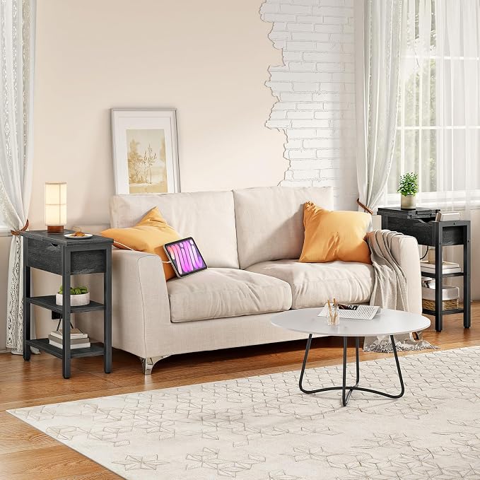 HOOBRO End Table with Charging Station, Narrow Side Table, Flip Top Nightstand - Image 8